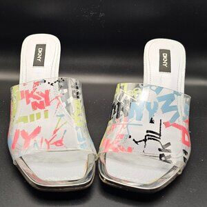 DKNY Graffiti Print Clear Strap Sandals – Size 7.5